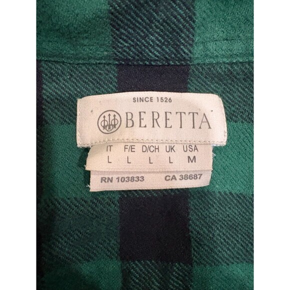 BERETTA Men's Size L Green Black Check Plaid Flannel Shirt 100% Cotton - Picture 3 of 9